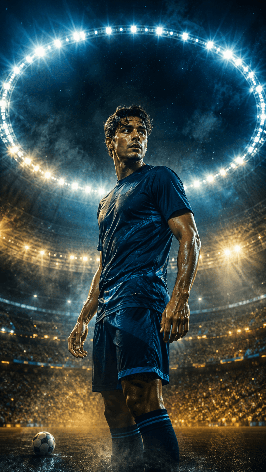 Direction cinématographique montrant un joueur sous les lumières du stade