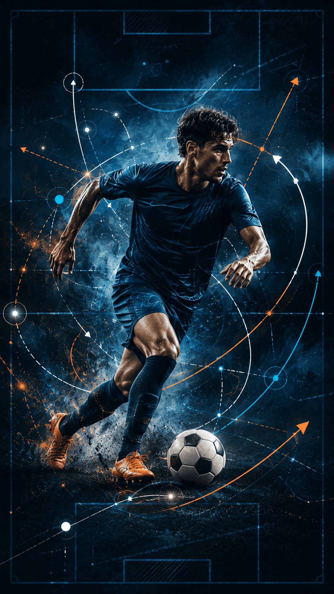 Direction tactique avec tracés de jeu autour d’un joueur de football
